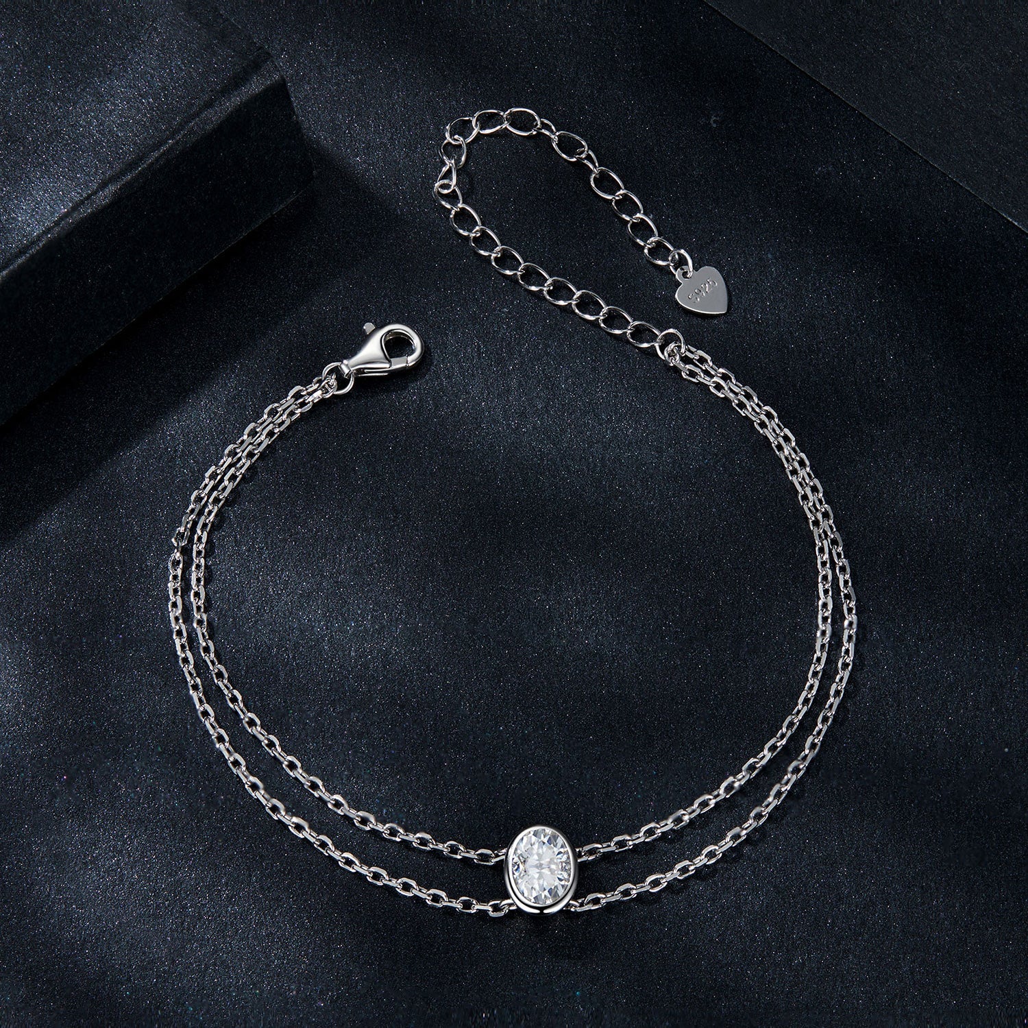 Bracelet 925 Sterling Silver Moissanite 1 Carat, white gold plated, central stone, double chain on Tampa Home & Garden Store