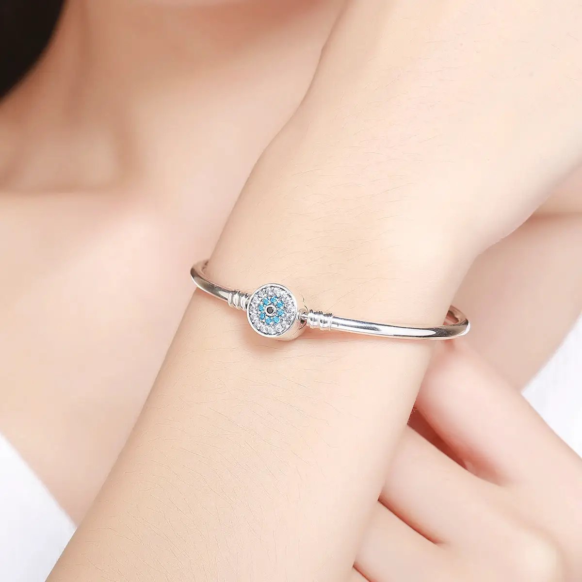 Sterling silver bracelet for women with round pave blue stone centerpiece, size 17.0 on Tampa Home & Garden Store