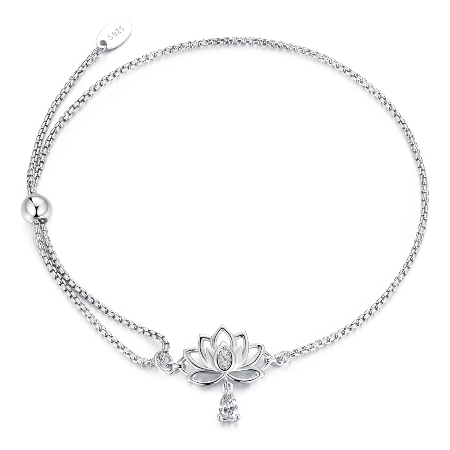 Sterling silver dual-chain bracelet with lotus centerpiece and CZ teardrop pendant on Tampa Home & Garden Store