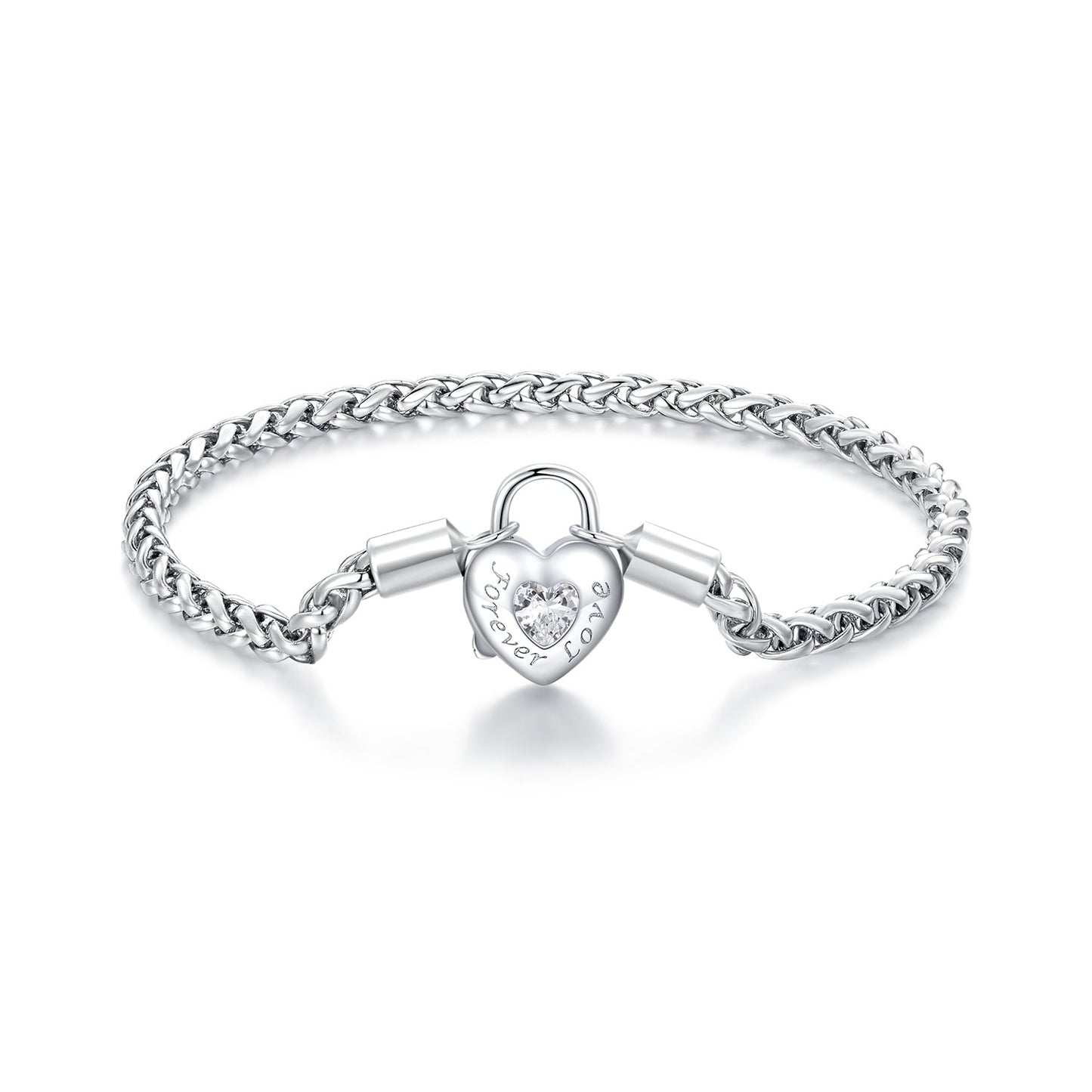 Bracelet 925 sterling silver with CZ pave heart lock charm, platinum plated, 17cm length on Tampa Home & Garden Store