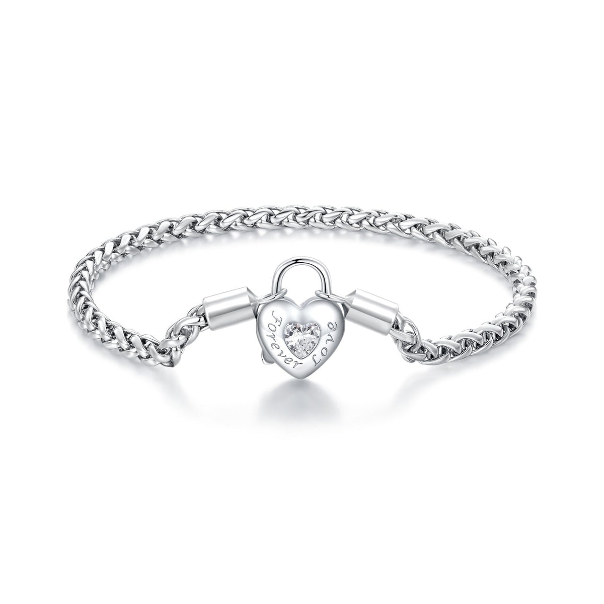 Bracelet 925 sterling silver with CZ pave heart lock charm, platinum plated, 17cm length on Tampa Home & Garden Store