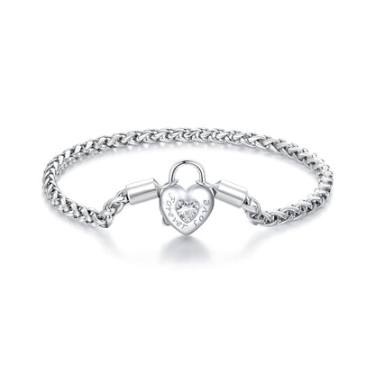 Bracelet 925 sterling silver with CZ pave heart lock charm, platinum plated, 17cm length on Tampa Home & Garden Store