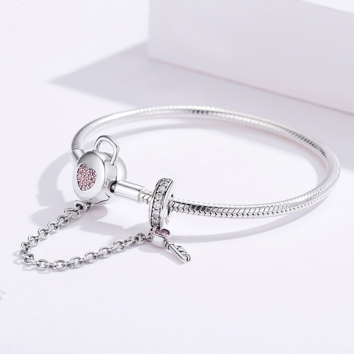 925 Sterling Silver women's bracelet 17cm with heart lock charm, pink crystals and key charm by Bids.com on Tampa Home & Garden Store