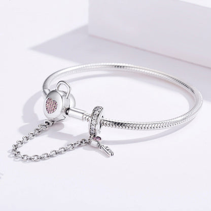 925 Sterling Silver women's bracelet 17cm with heart lock charm, pink crystals and key charm by Bids.com on Tampa Home & Garden Store