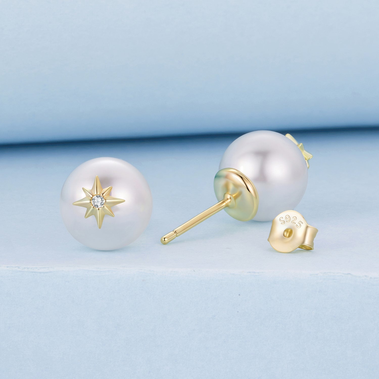 Pearl stud earrings pair with gold star CZ centerpiece, synthetic pearl, 925 sterling silver on Tampa Home & Garden Store