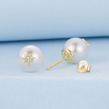 Pearl stud earrings pair with gold star CZ centerpiece, synthetic pearl, 925 sterling silver on Tampa Home & Garden Store