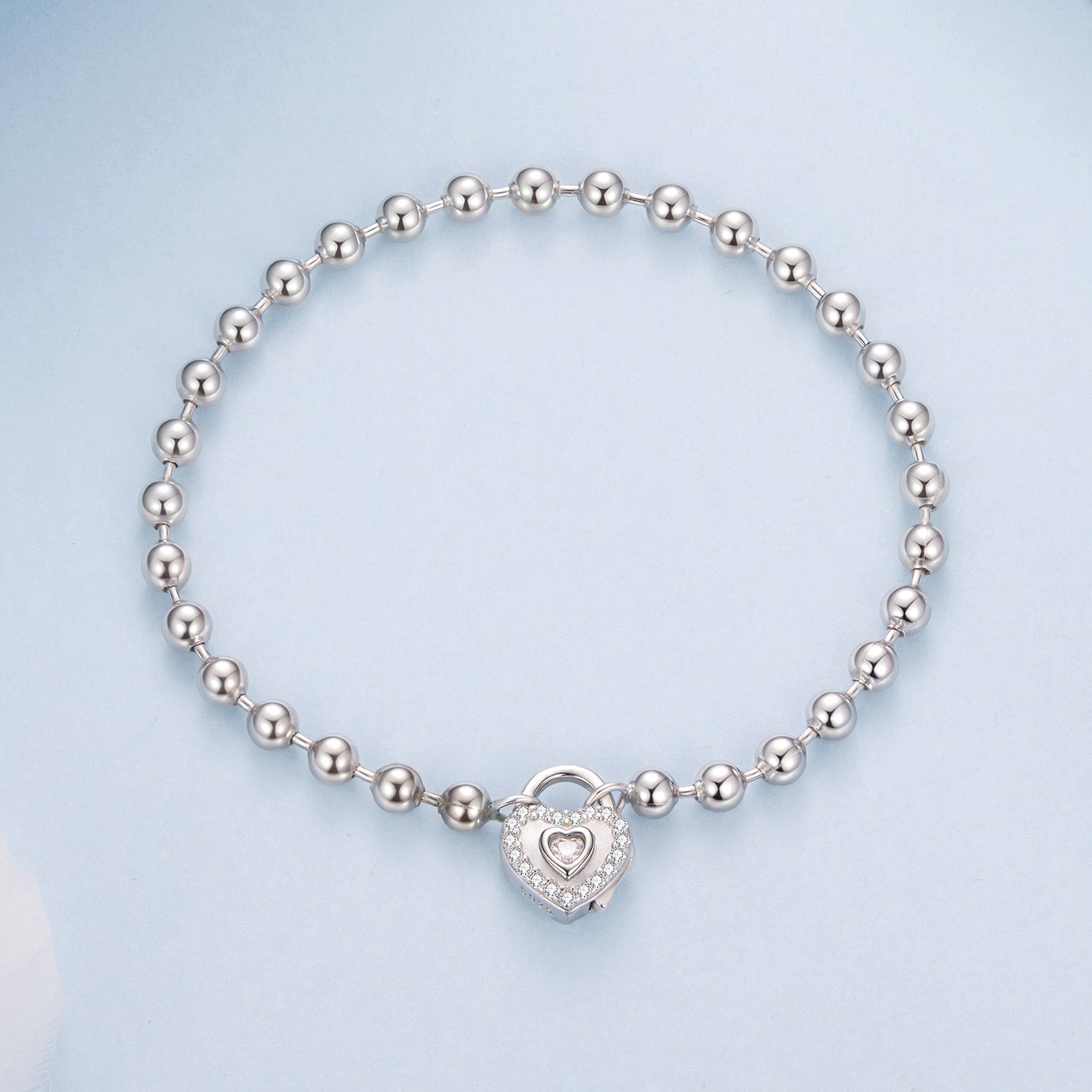 Bracelet 17cm, 925 sterling silver white gold plated beaded links with CZ heart charm on Tampa Home & Garden Store