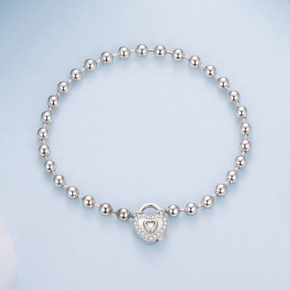 Bracelet 17cm, 925 sterling silver white gold plated beaded links with CZ heart charm on Tampa Home & Garden Store