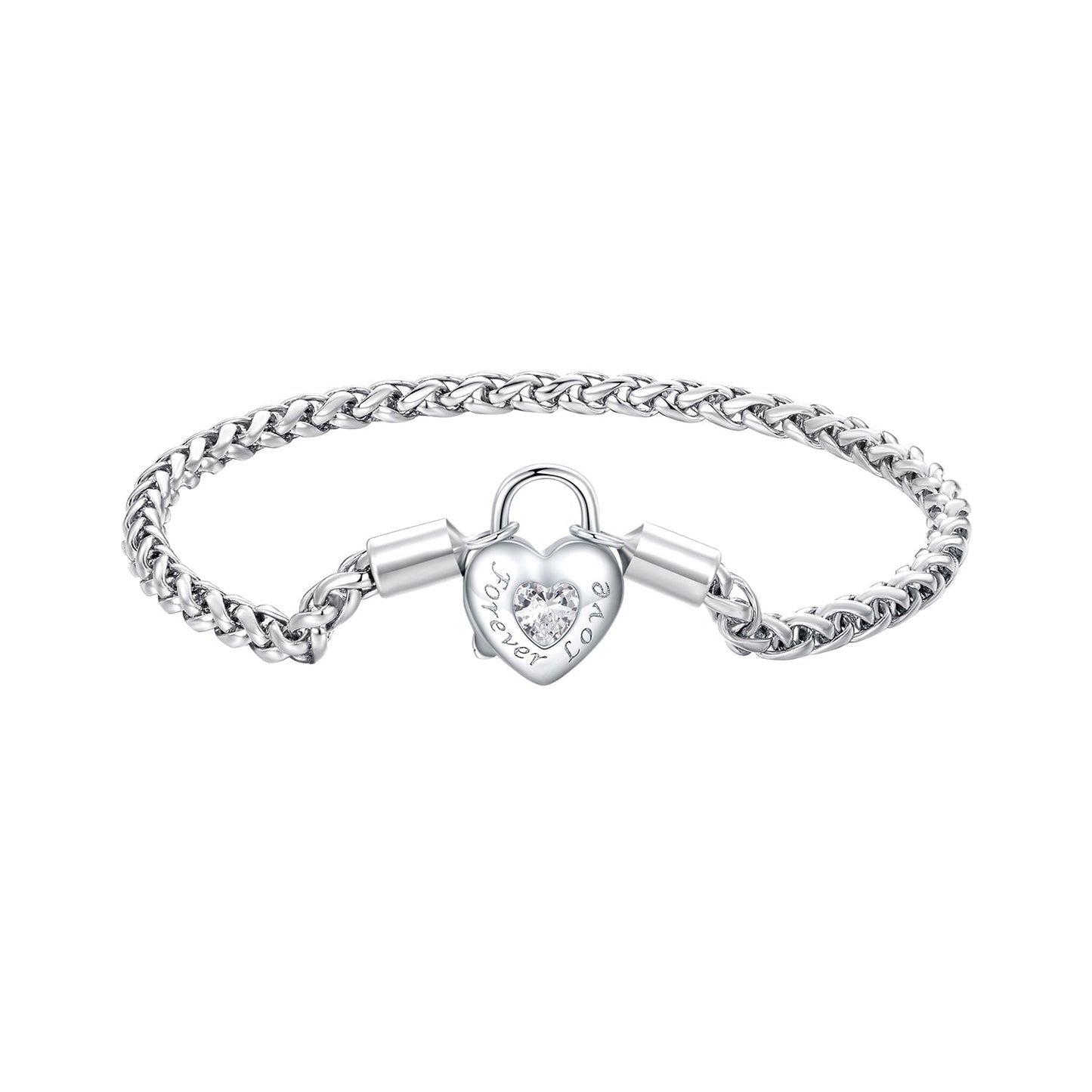 925 sterling silver bracelet with CZ pavé heart lock, Cuban link, platinum plated on Tampa Home & Garden Store