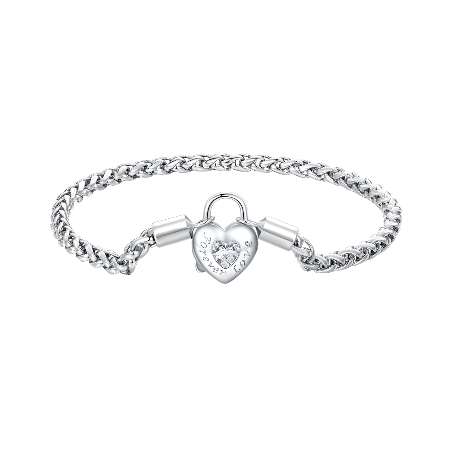 925 sterling silver bracelet with CZ pavé heart lock, Cuban link, platinum plated on Tampa Home & Garden Store