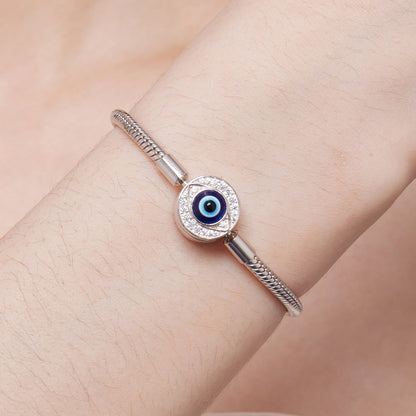 925 Sterling Silver bracelet with evil eye charm, blue center surrounded by CZ crystals, size 17 on Tampa Home & Garden Store