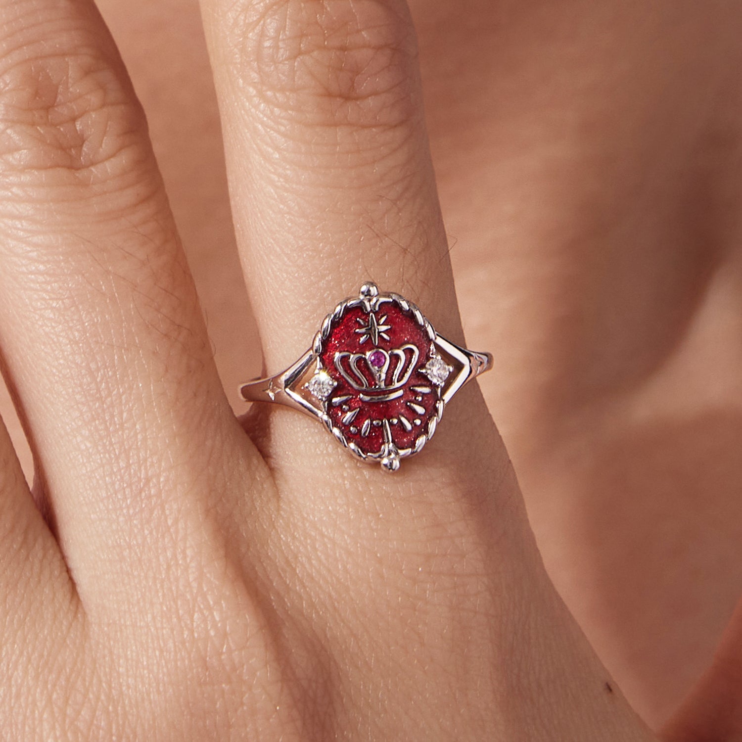 Ring, 925 sterling silver with white gold plating, red enamel crown centerpiece and crystals on Tampa Home & Garden Store