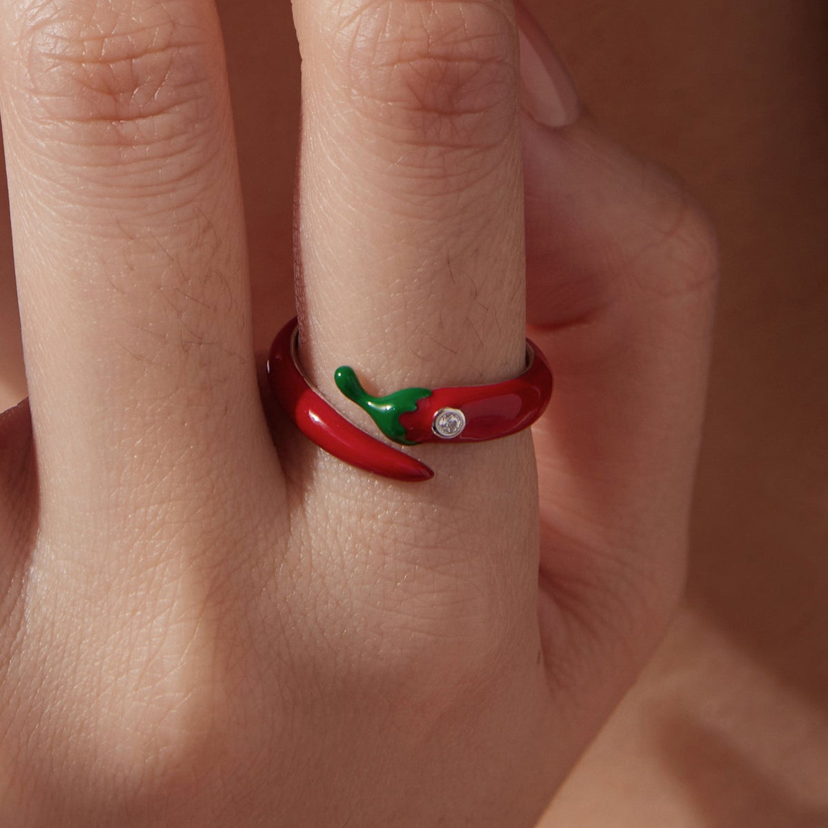 Ring 925 Sterling Silver White CZ Pavé Setting with red chili pepper enamel and green leaf, single CZ on Tampa Home & Garden Store