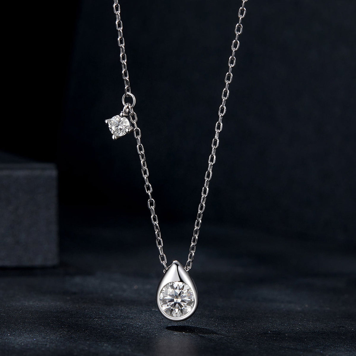 Moissanite adjustable necklace in 925 sterling silver with teardrop bezel, 2 stones on Tampa Home & Garden Store