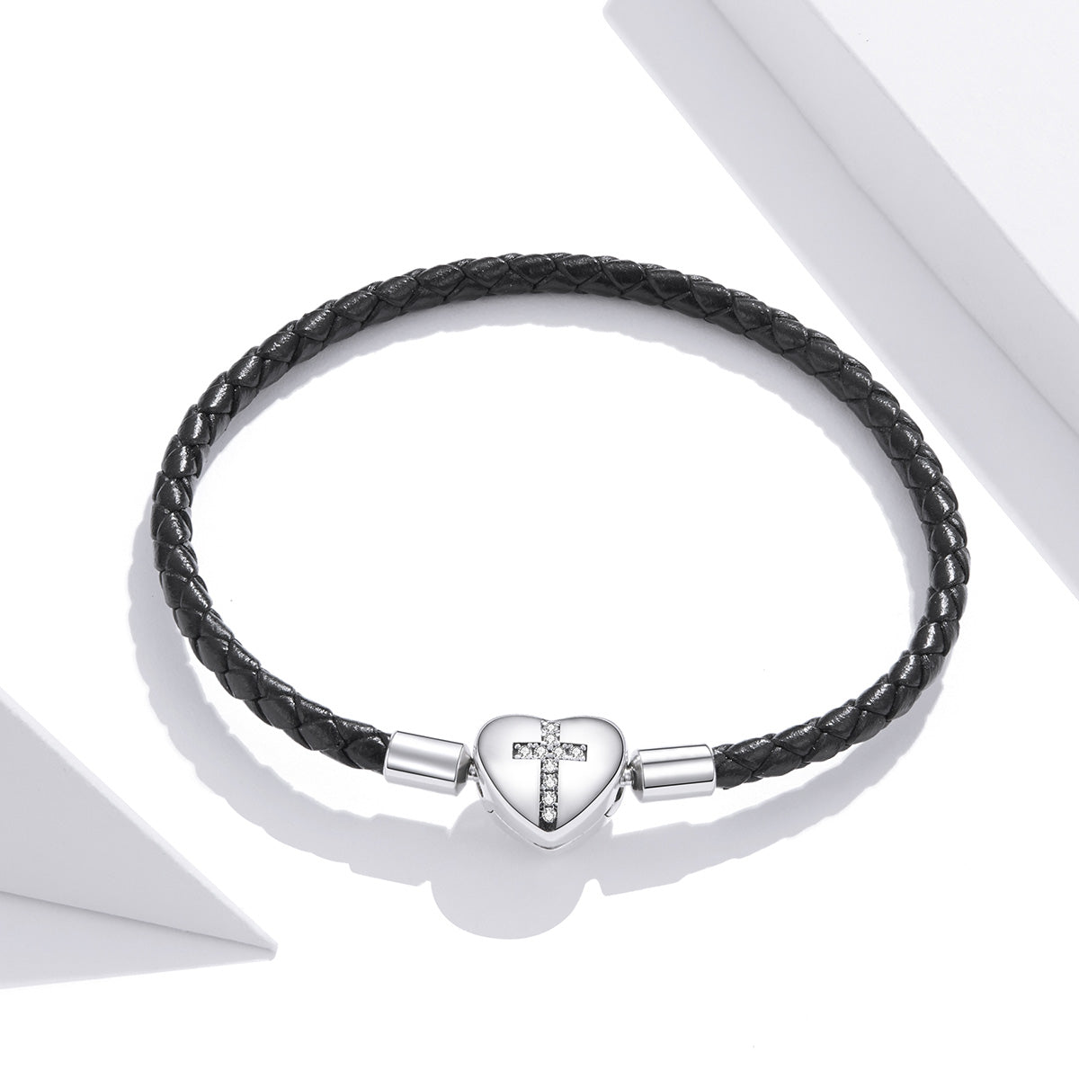 Bracelet 17cm braided leather with 925 sterling silver heart clasp and CZ cross by Bids.com on Tampa Home & Garden Store