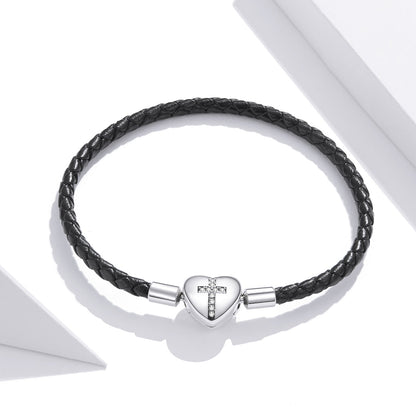Bracelet 17cm braided leather with 925 sterling silver heart clasp and CZ cross by Bids.com on Tampa Home & Garden Store