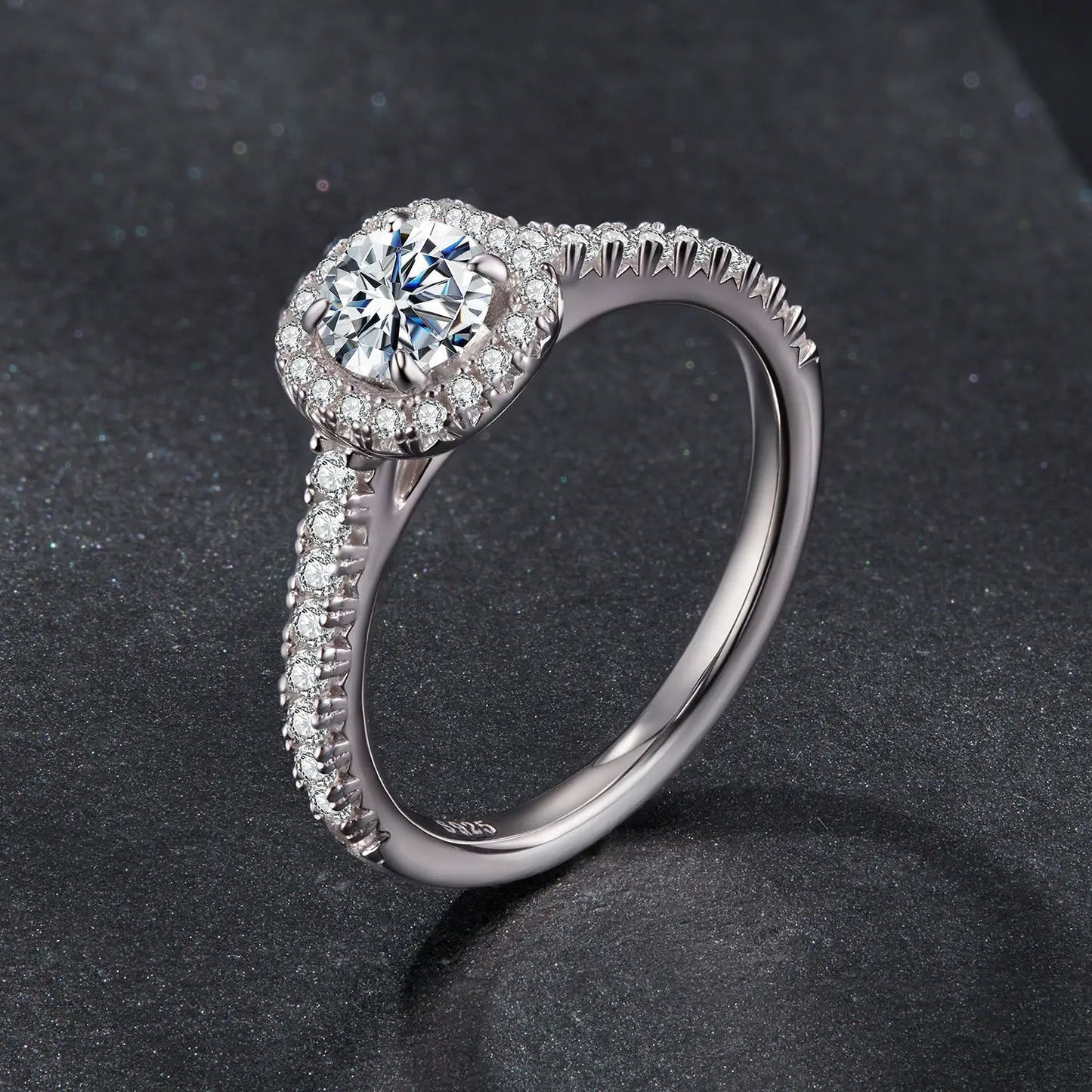 Ring: 925 sterling silver moissanite with halo of pavé stones, pavé band, size 6, Bids.com on Tampa Home & Garden Store