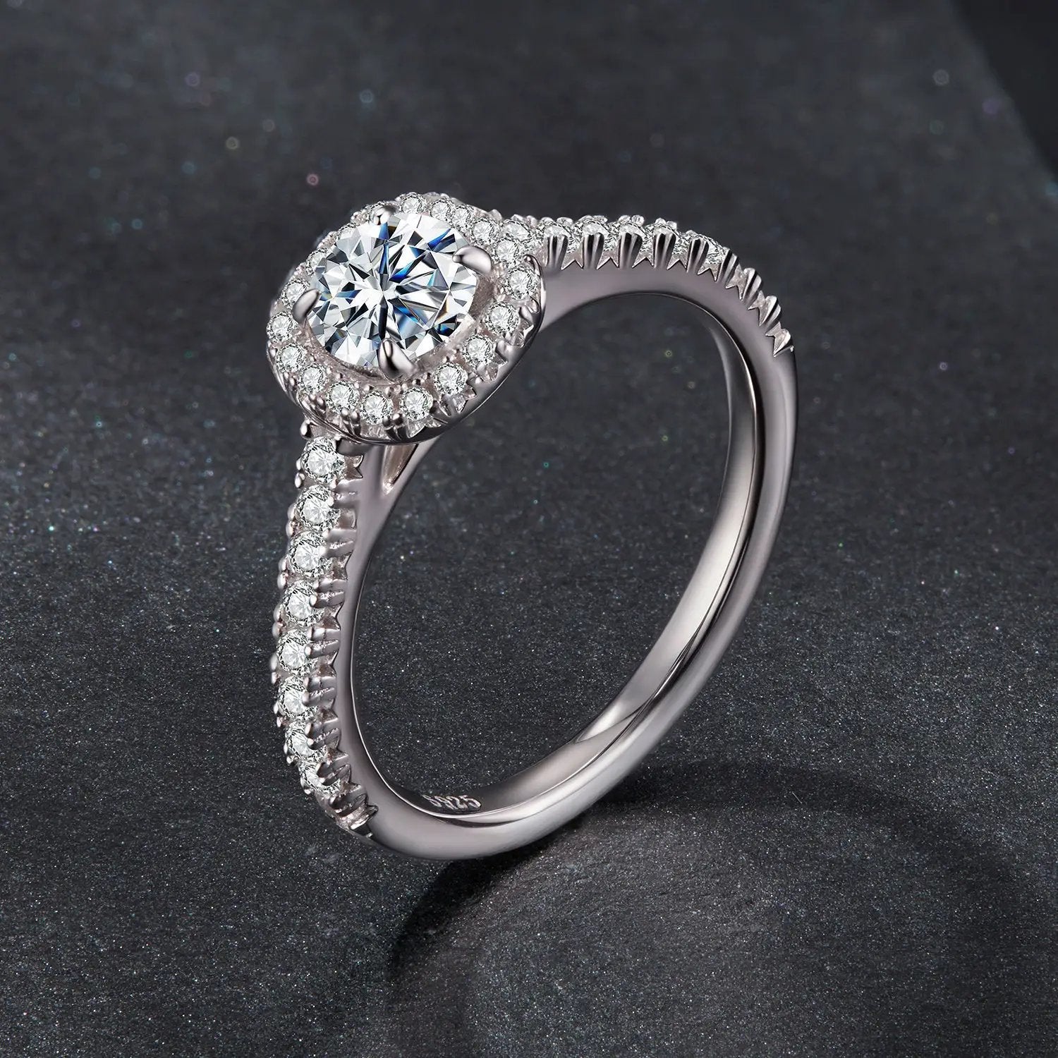 Ring: 925 sterling silver moissanite with halo of pavé stones, pavé band, size 6, Bids.com on Tampa Home & Garden Store