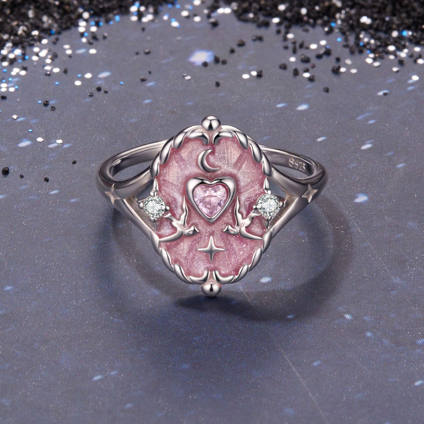 Ring sterling silver pink enamel heart with moon and star motifs, CZ accents by Bids.com on Tampa Home & Garden Store