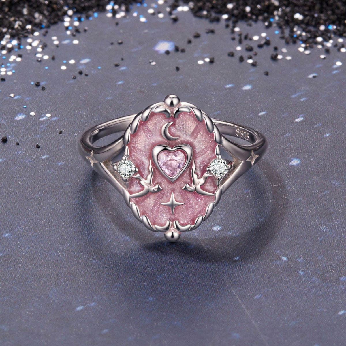 Ring sterling silver pink enamel heart with moon and star motifs, CZ accents by Bids.com on Tampa Home & Garden Store