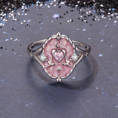 Ring sterling silver pink enamel heart with moon and star motifs, CZ accents by Bids.com on Tampa Home & Garden Store