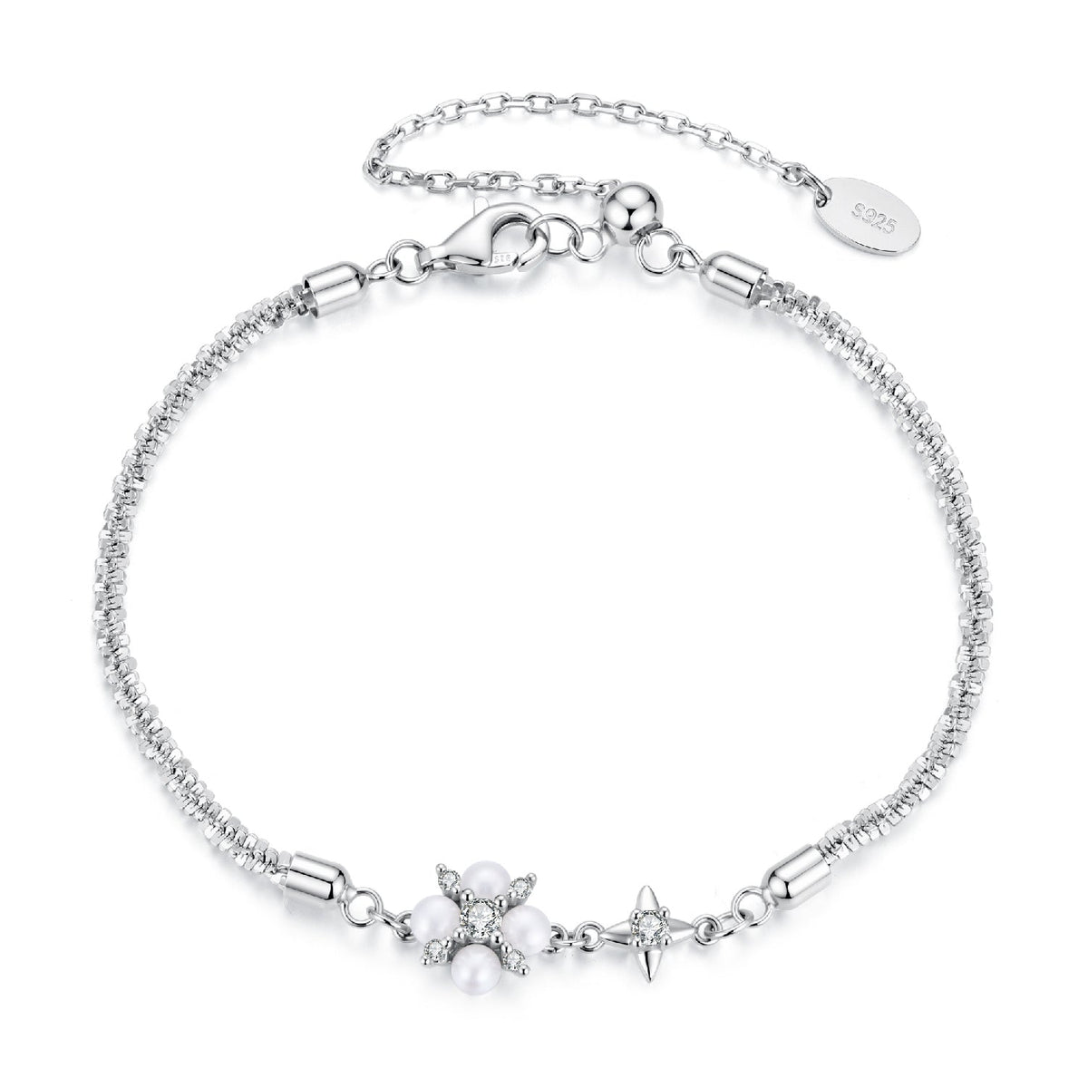 925 sterling silver adjustable bracelet with moissanite and pearl centerpiece, lobster clasp on Tampa Home & Garden Store
