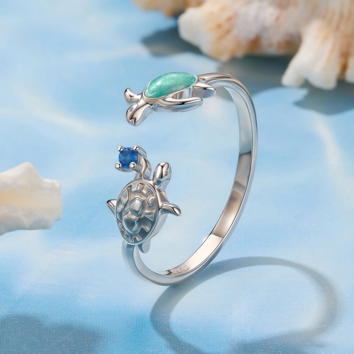 Ring 925 sterling silver with turquoise-green enamel and turtle motif blue gem white gold plated on Tampa Home & Garden Store