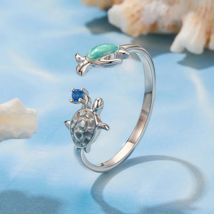 Ring 925 sterling silver with turquoise-green enamel and turtle motif blue gem white gold plated on Tampa Home & Garden Store