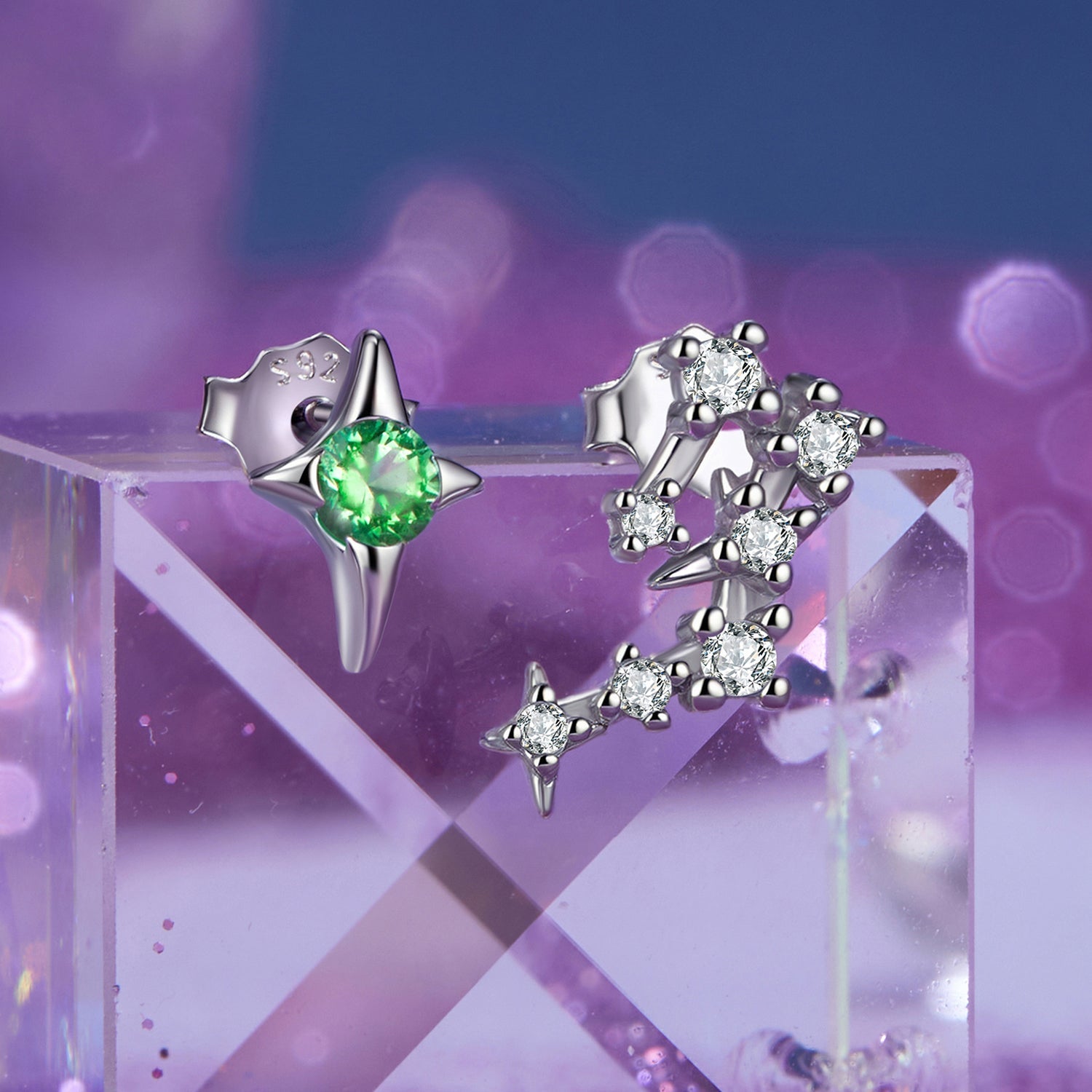 Earrings: star stud with green gemstone and diamond constellation in 925 sterling silver on Tampa Home & Garden Store