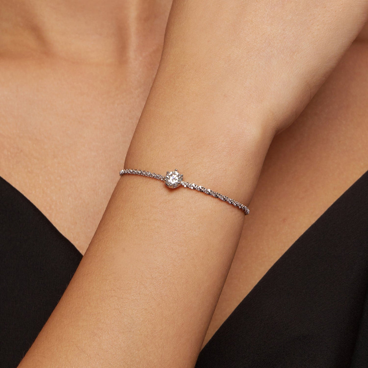 Bracelet 925 Sterling Silver 1 Carat Moissanite with solitaire and pave band on wrist on Tampa Home & Garden Store
