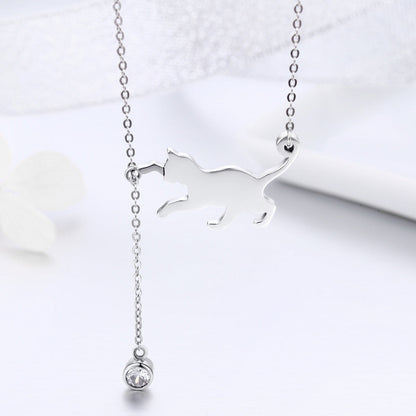 Sterling silver cat pendant necklace, 38–45cm chain with 1.4×2.5cm pendant and crystal charm on Tampa Home & Garden Store