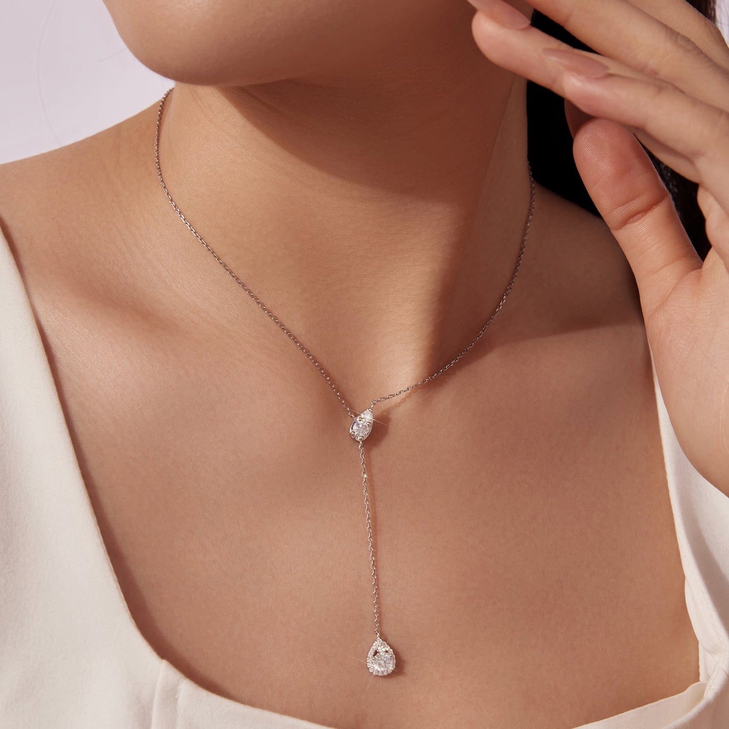 925 Sterling Silver Moissanite Necklace with 3 Stone Sizes for Women Y-shaped teardrop pendant on Tampa Home & Garden Store