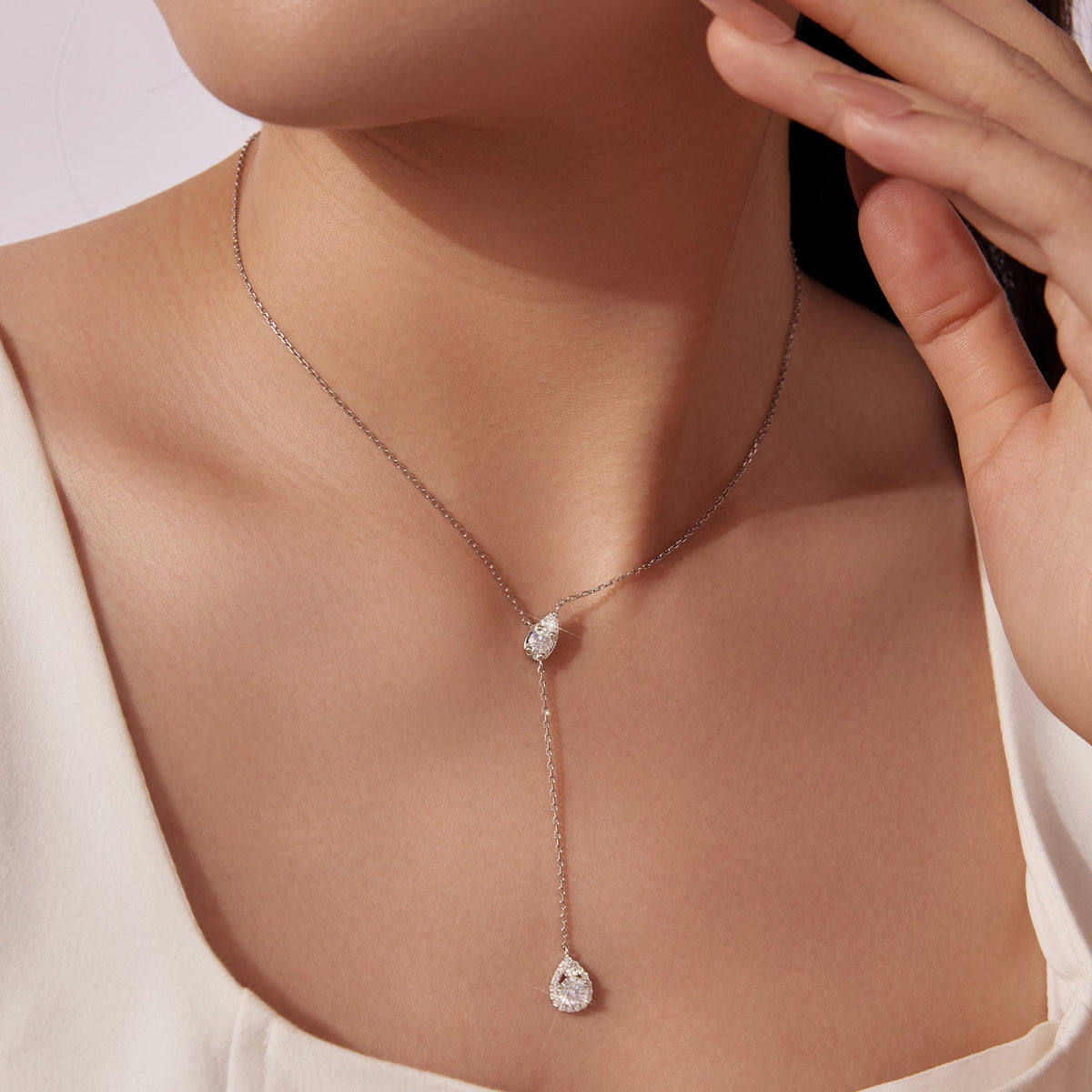 925 Sterling Silver Moissanite Necklace with 3 Stone Sizes for Women Y-shaped teardrop pendant on Tampa Home & Garden Store