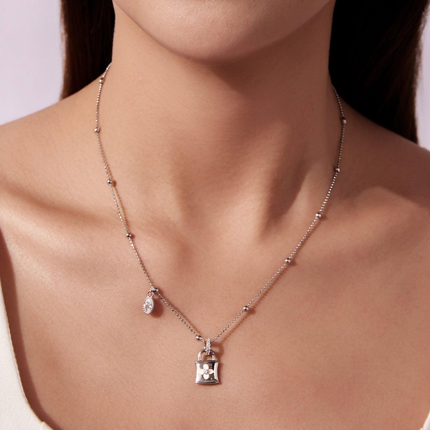 925 Sterling Silver necklace with CZ and nacre, two-layer beaded chain padlock pendant on Tampa Home & Garden Store