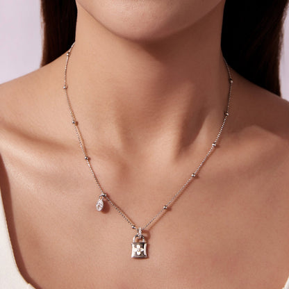 925 Sterling Silver necklace with CZ and nacre, two-layer beaded chain padlock pendant on Tampa Home & Garden Store