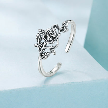 925 Sterling Silver Oxidized Adjustable Ring with intricate rose centerpiece and leafy vines on Tampa Home & Garden Store