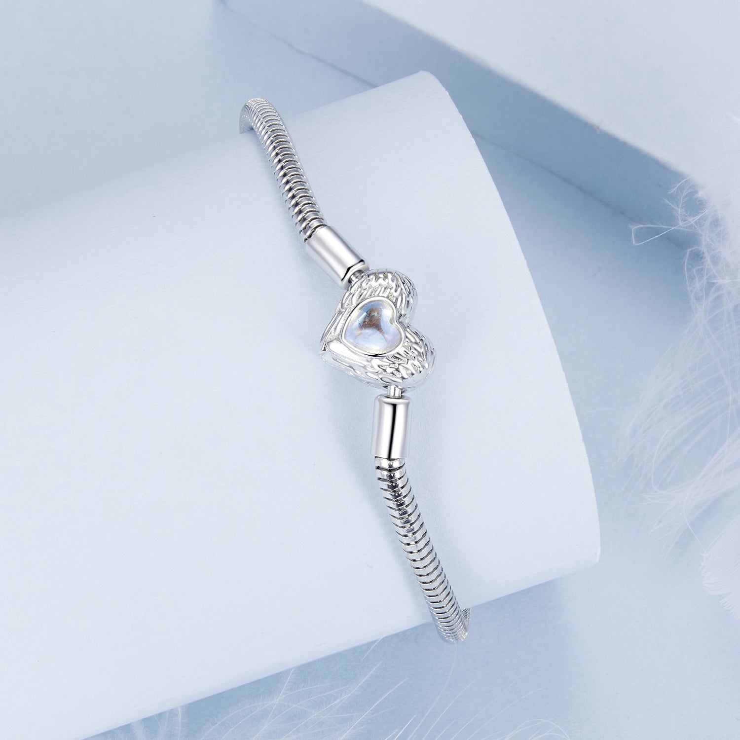 Bracelet 925 sterling silver moonstone heart charm on white gold plated snake chain, 17 cm, Bids.com on Tampa Home & Garden Store