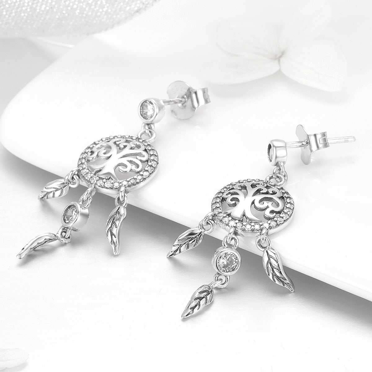 Pair of earrings 925 sterling silver oxidized pavé CZ halo with filigree circle and leaves on Tampa Home & Garden Store