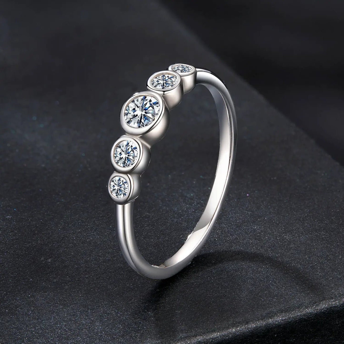 Sterling silver moissanite ring with bezel-set round stones, white gold plated, size 6, Bids.com on Tampa Home & Garden Store