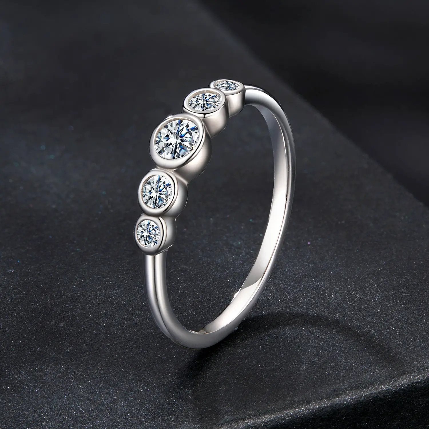 Sterling silver moissanite ring with bezel-set round stones, white gold plated, size 6, Bids.com on Tampa Home & Garden Store