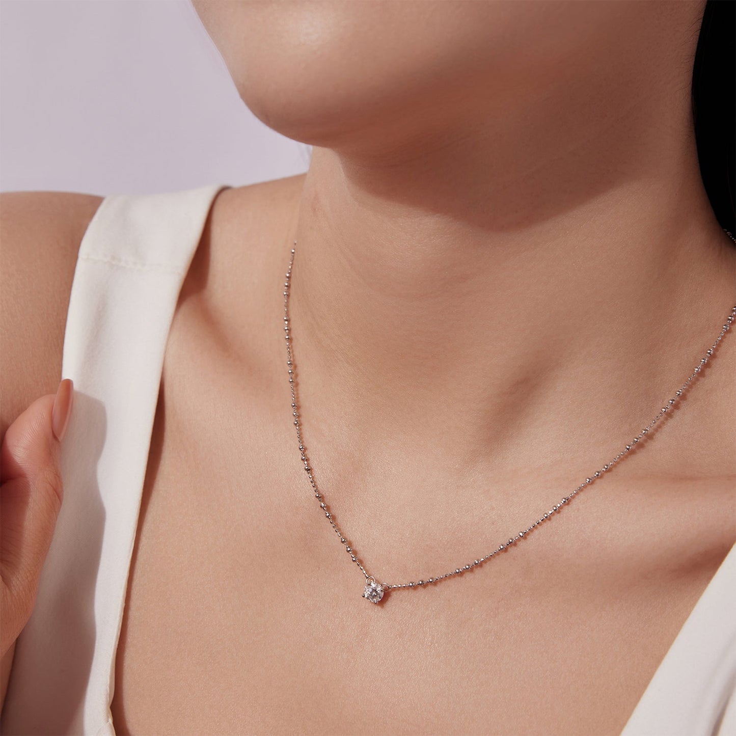 925 Sterling Silver 0.5ct Moissanite Necklace with beaded chain and solitaire pendant on Tampa Home & Garden Store