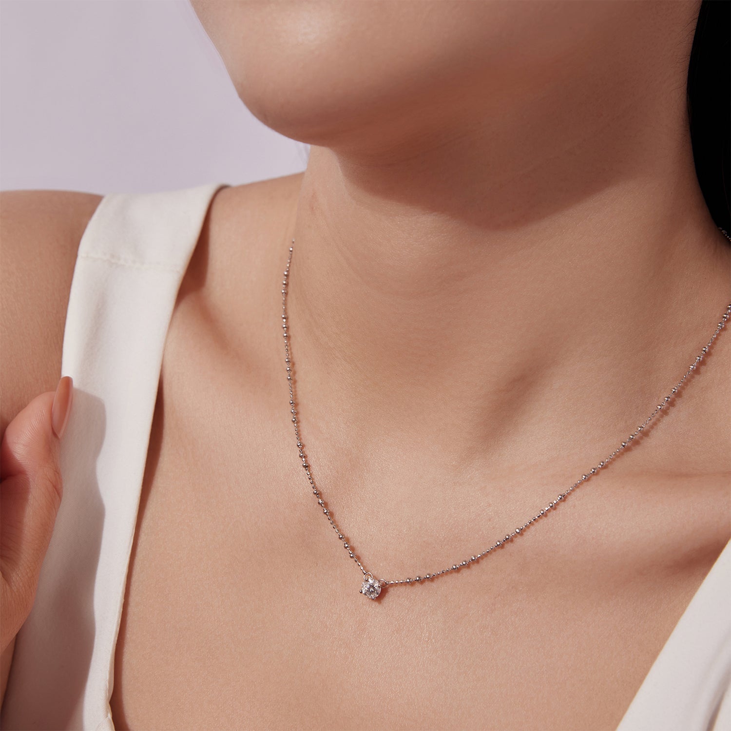 925 Sterling Silver 0.5ct Moissanite Necklace with beaded chain and solitaire pendant on Tampa Home & Garden Store