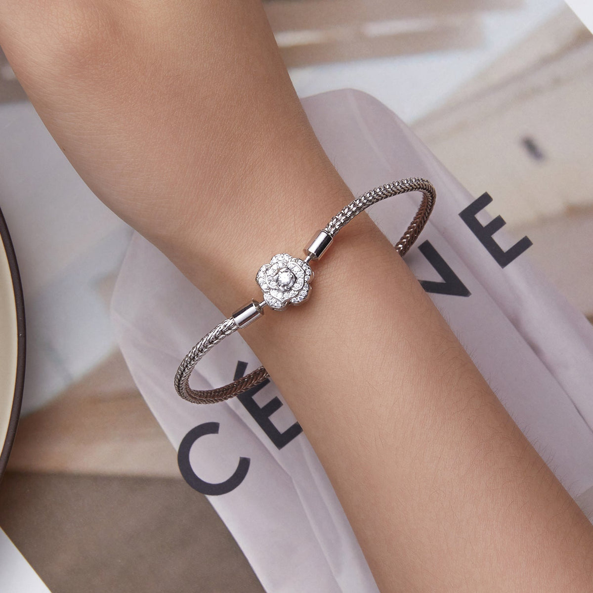 Sterling silver bracelet with pave CZ flower centerpiece 17cm by Bids.com on Tampa Home & Garden Store
