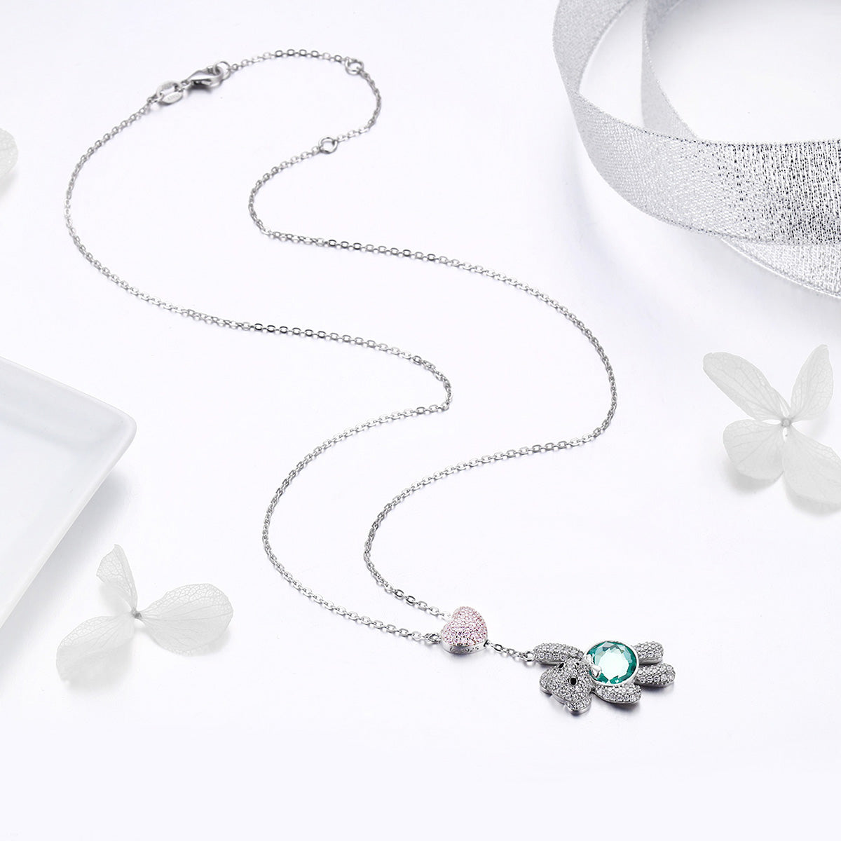 925 Sterling Silver Necklace 38–45cm with flower pendant featuring teal gemstone on Tampa Home & Garden Store