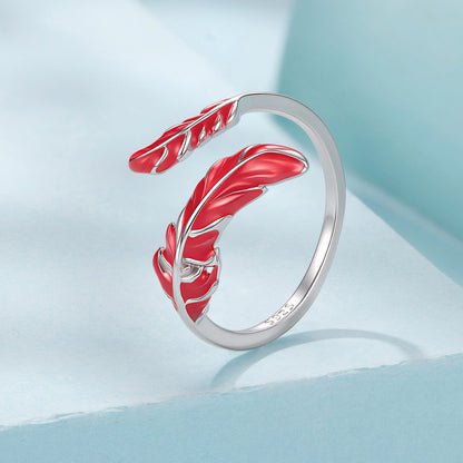 925 Sterling Silver Ring with White Gold Plating, red enamel leaf design, Style E by Bids.com on Tampa Home & Garden Store