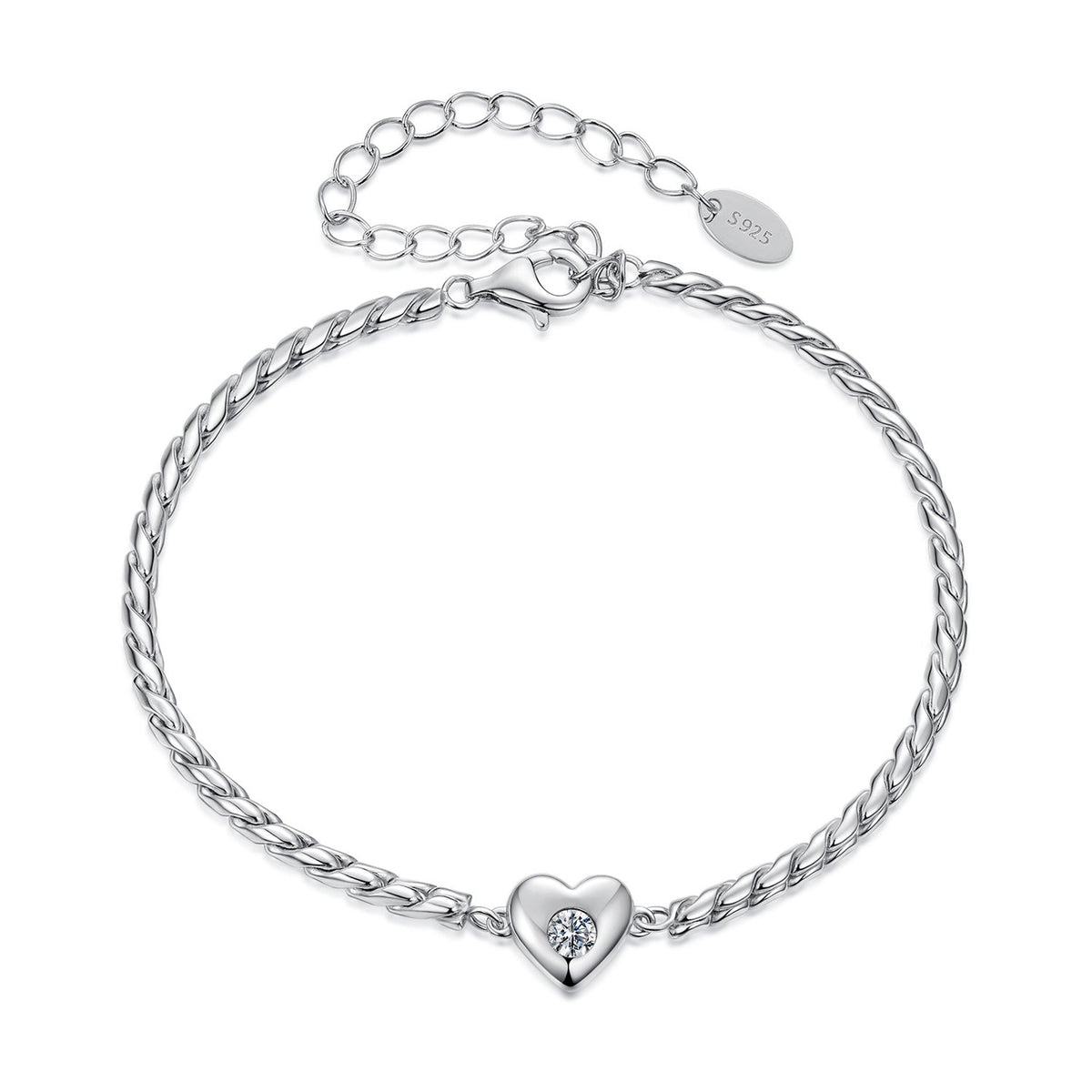 925 Sterling Silver Moissanite Heart Bracelet for Women with extender chain and heart charm on Tampa Home & Garden Store