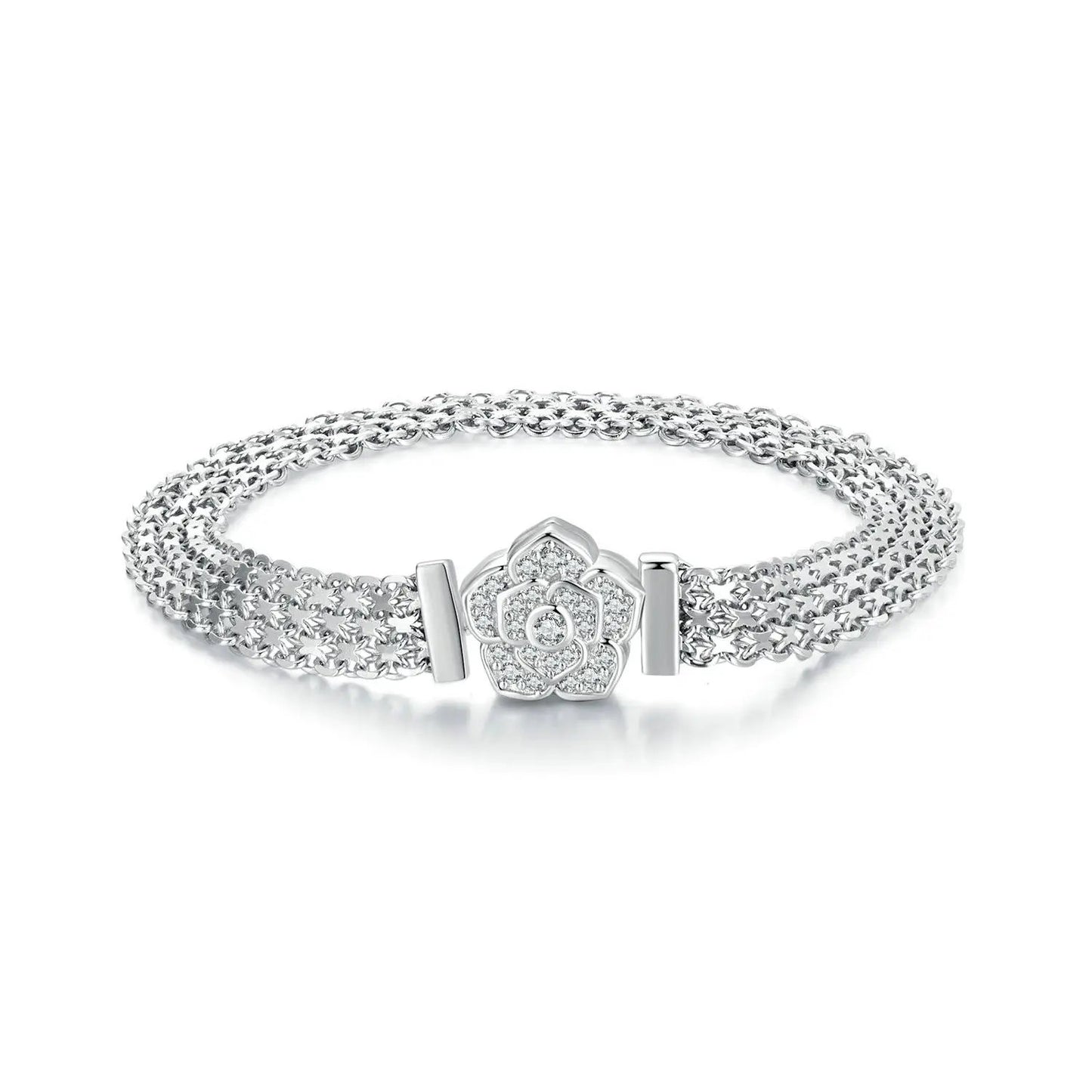 Bracelet: 17 cm pavé CZ, sterling silver with platinum plating, triple-link floral clasp on Tampa Home & Garden Store
