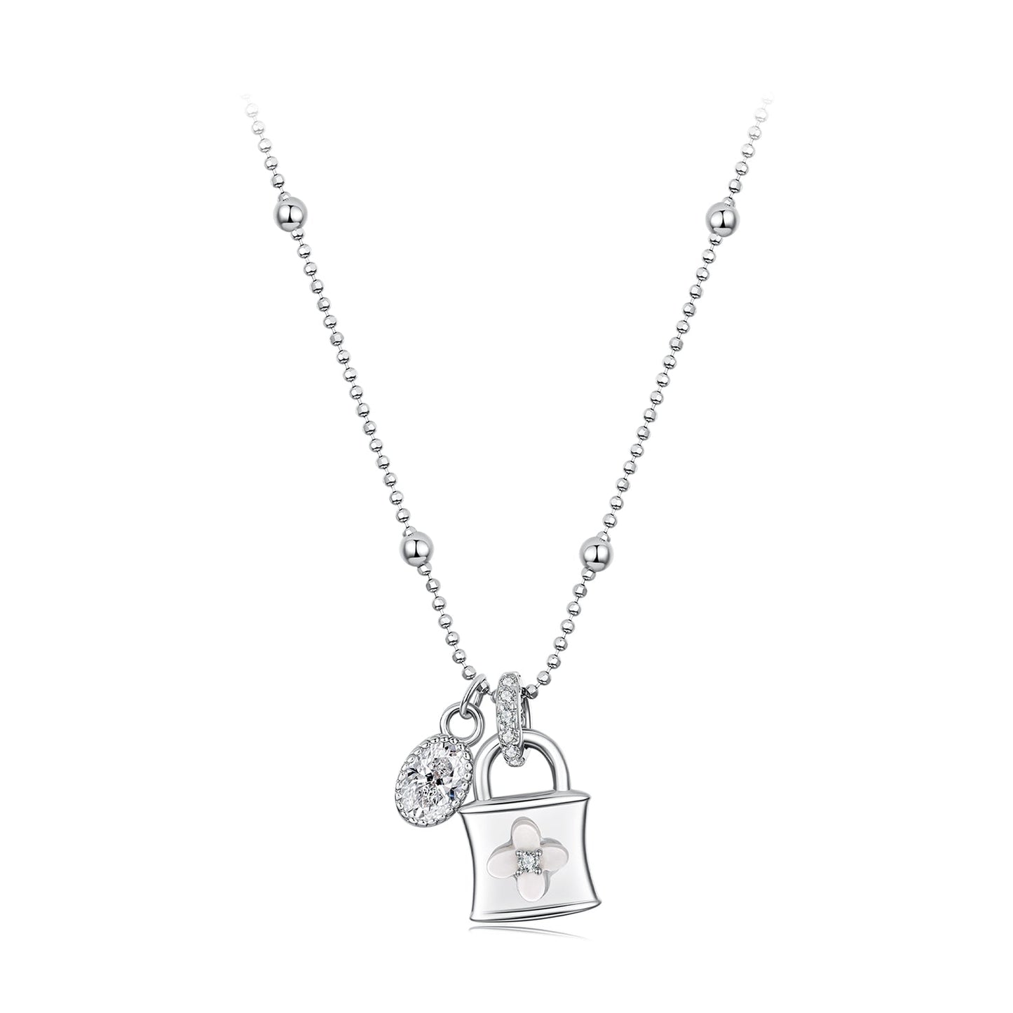 Necklace 925 Sterling Silver white gold plated with CZ and nacre purse pendant with flower charm on Tampa Home & Garden Store