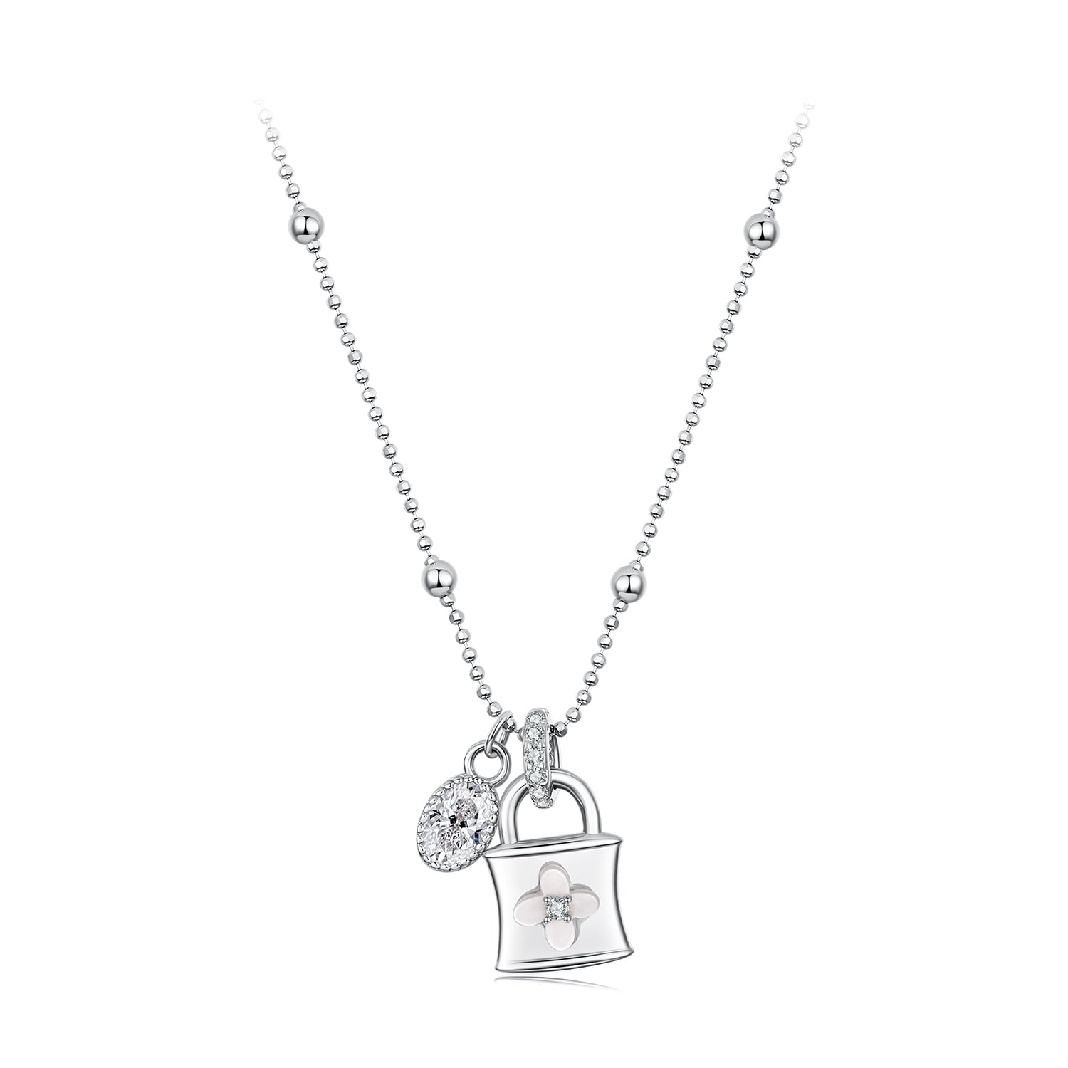 Necklace 925 Sterling Silver white gold plated with CZ and nacre purse pendant with flower charm on Tampa Home & Garden Store