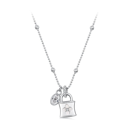 Necklace 925 Sterling Silver white gold plated with CZ and nacre purse pendant with flower charm on Tampa Home & Garden Store